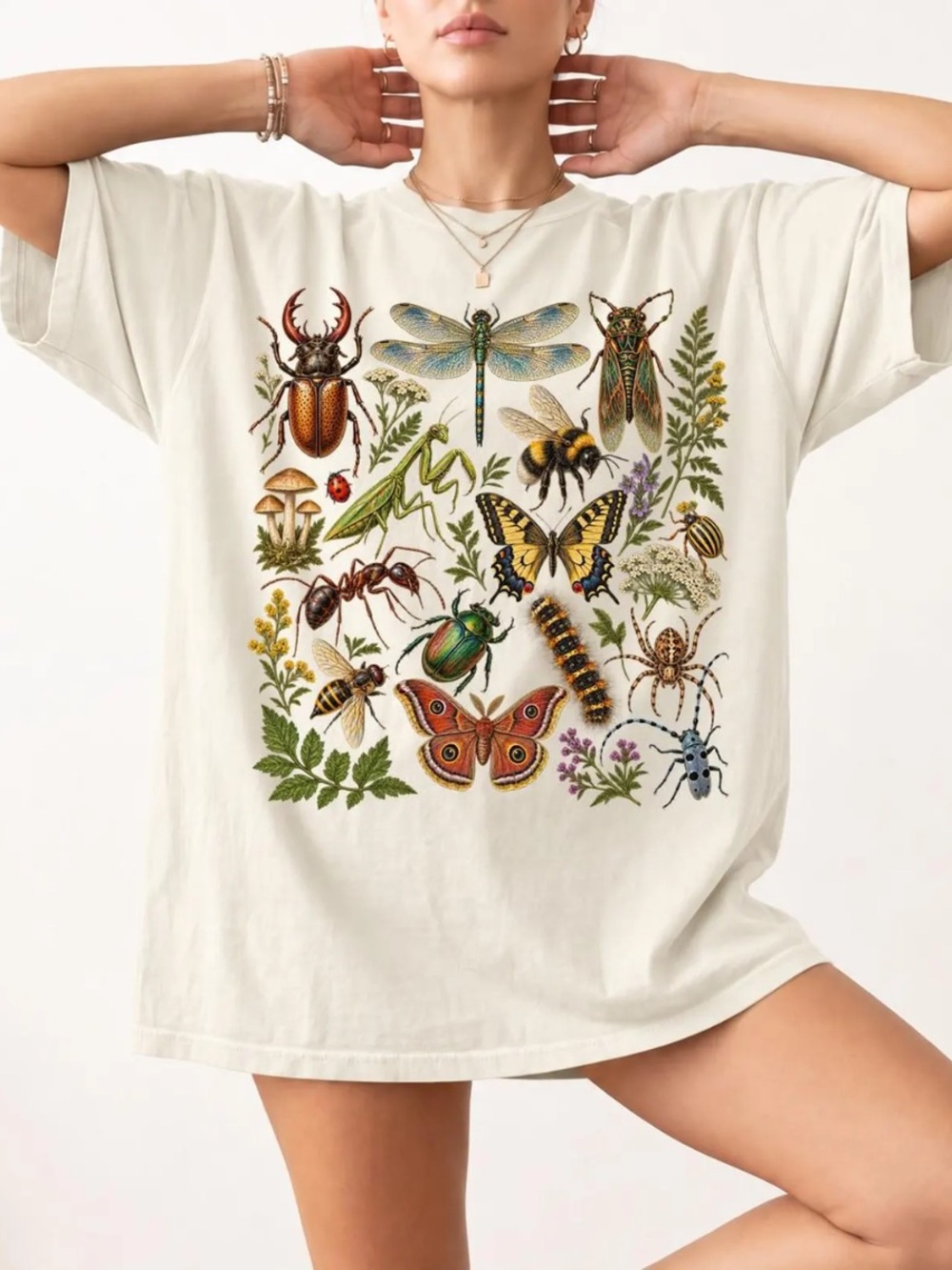Off White Short Sleeve Tee with Colorful Insect & Butterfly Graphic